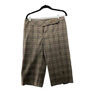 LOFT‎ Marisa Wide Leg Crop Dress Pants Womens 8P Brown Plaid Wool Blend Buckle